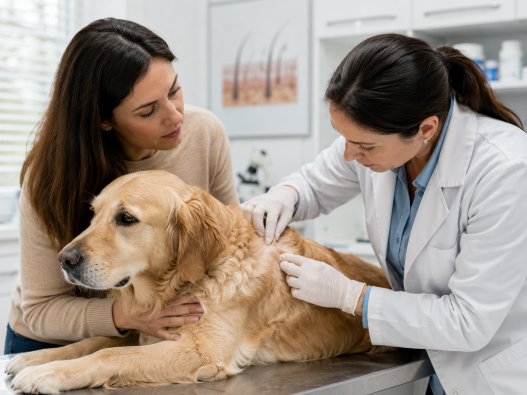 Veterinário examinando cachorro com infestação de pulgas.